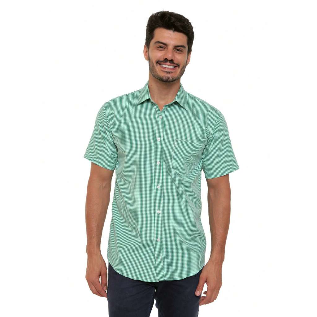 Camisa xadrez masculina casual slim fit manga curta com bolsos
