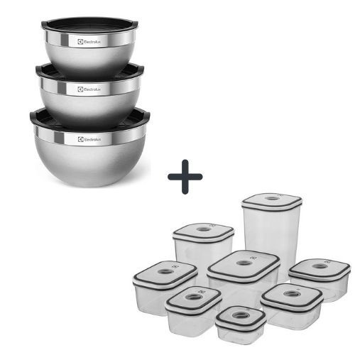 Kit Potes Herméticos 8 und + Conjunto Bowls Inox 3und com Tampa Electrolux