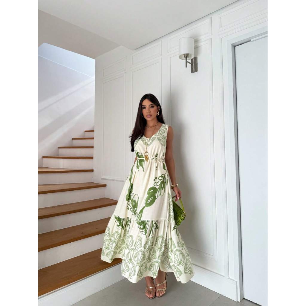vestido sem manga soltinho com  bolsa decote v estampado luxo com fenda 212 folha em Oferta na Shopee