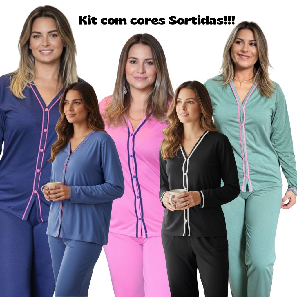 Kit com 3 Pijamas Amamentação Americano Baby Doll Manga Longa de Malha com Botões Cores Sortidas em Oferta na Shopee