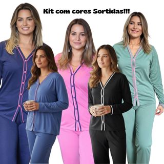 Kit com 3 Pijamas Amamentação Americano Baby Doll Manga Longa de Malha com Botões Cores Sortidas em Oferta na Shopee