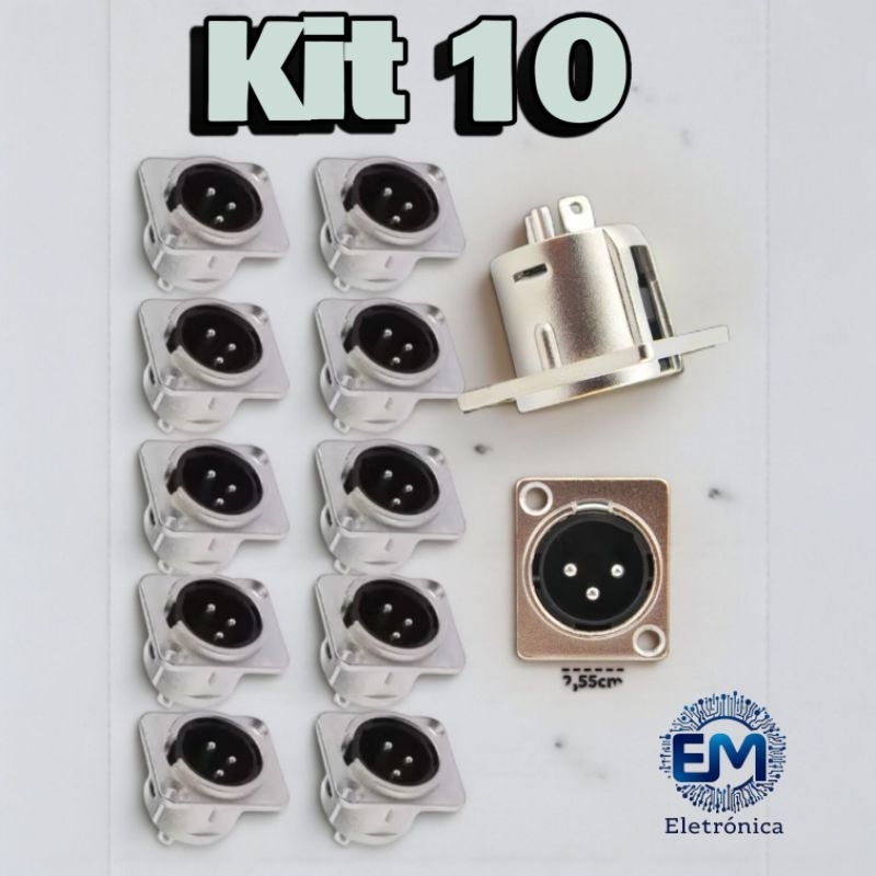 Kit 10 Conectores XLR Macho 3 Pinos Painel