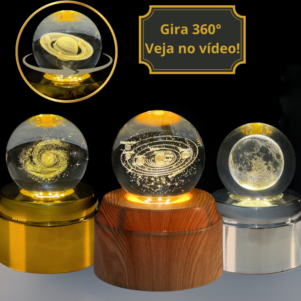 Luminária De Mesa Bola Cristal Giratória 3D Abajur Led Presente Decorativo Rotação