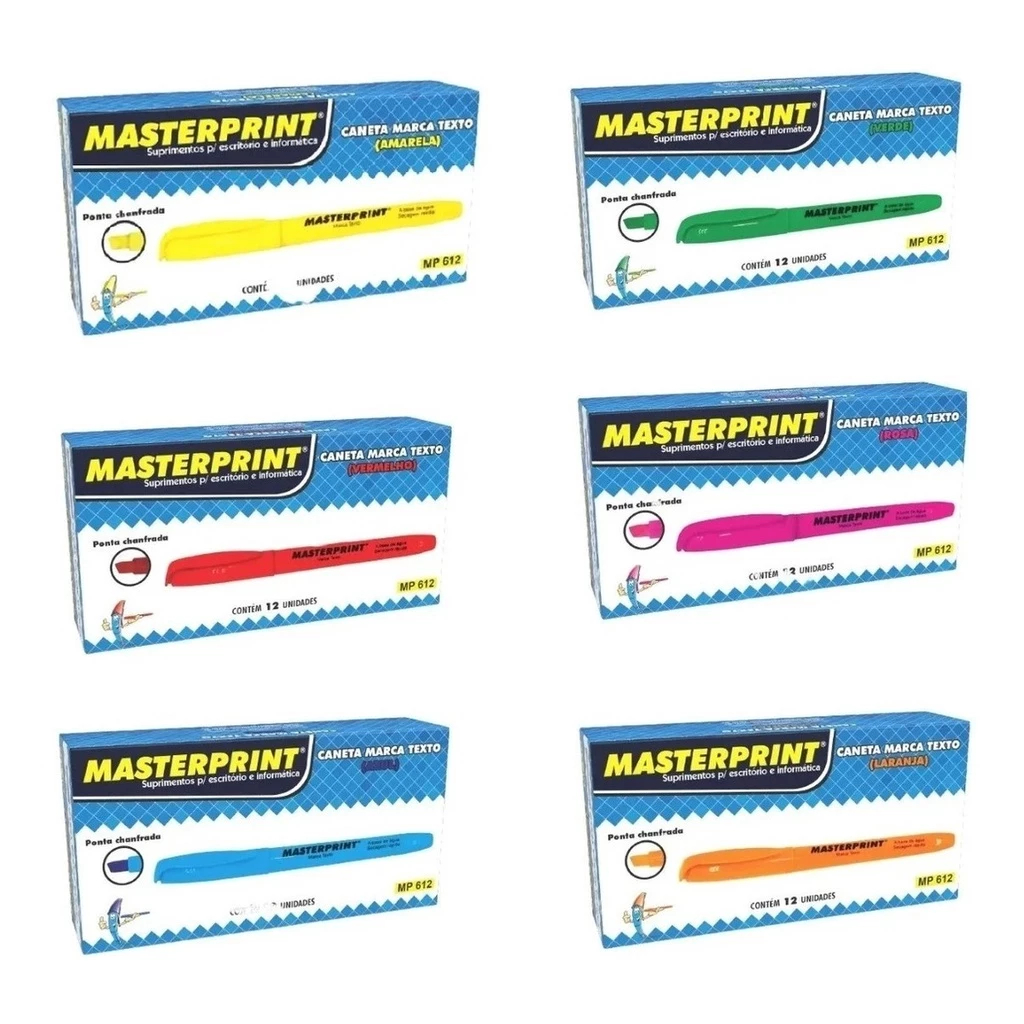 12 Canetas Marca Texto Neon Ponta Chanfrada - Masterprint Premium - Escolha a Cor