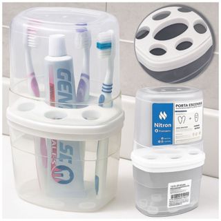 KIT Porta Escova  Dental C/ Tampa 6 Divisória Plástico De Pia em Oferta na Shopee