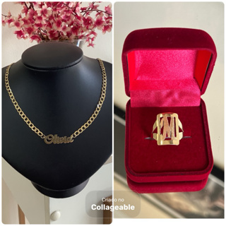 kit anel quadrado de letra e cordão com nome 100% em moeda antiga em Oferta na Shopee