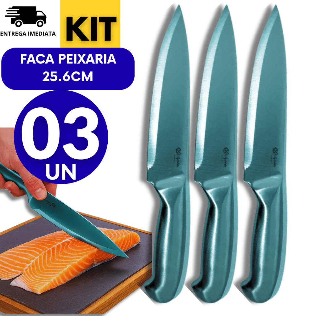 Utensílios 3 Facas Faca Peixeira Toda em Inox Profissional 6" Polegadas Linha Texas Afiada Açougue Cozinha Churrasco
