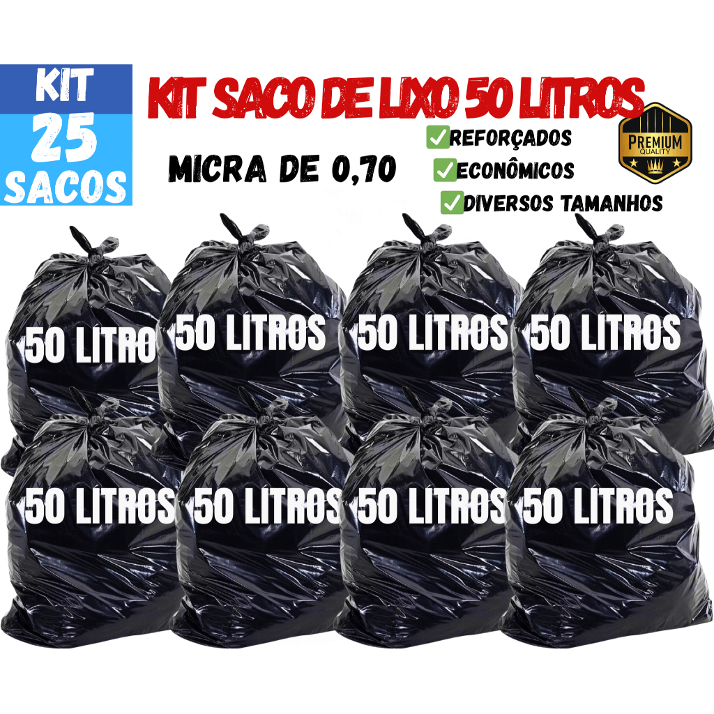 Saco de Lixo 50L Reforçado 0,70 Micras | Forte e Resistente | Cozinha, Escritório e Comércio | 25–100 Unid em Oferta na Shopee