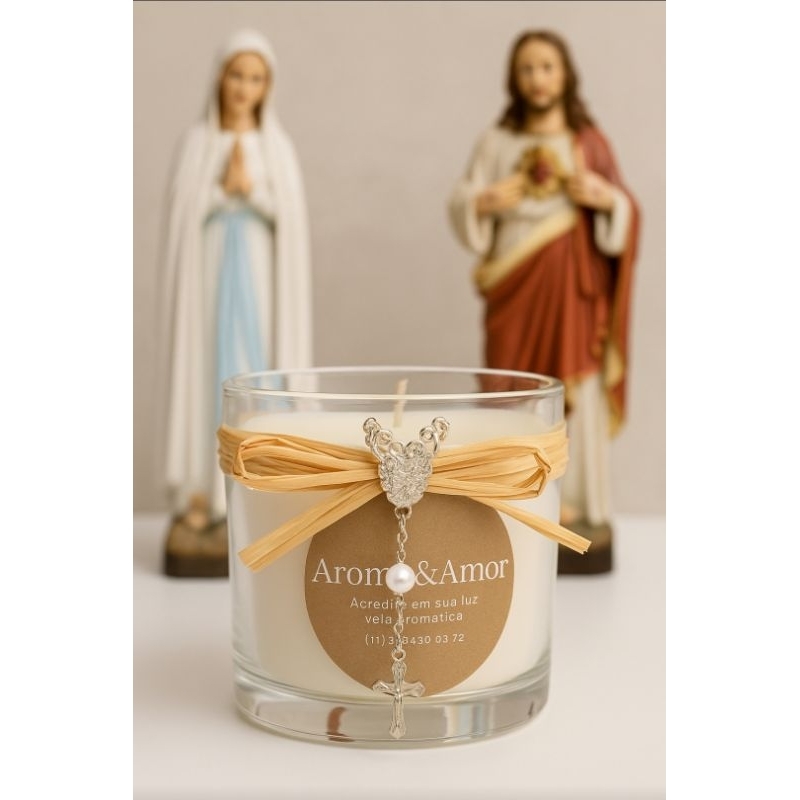 kit 02 velas catolico perfumada rosas + mini terço perolas rezar batizado casamento lembrancinha promoção