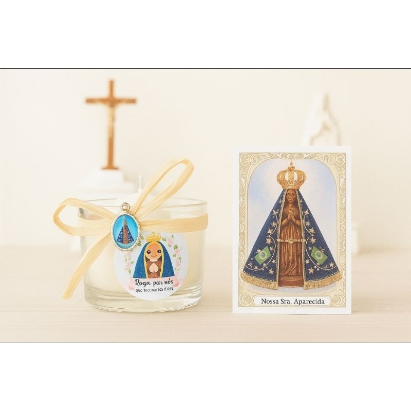 vela católica Nossa Senhora Aparecida de rosas + pingente + oracão rezar orar meditar presente lembrancinha batizado