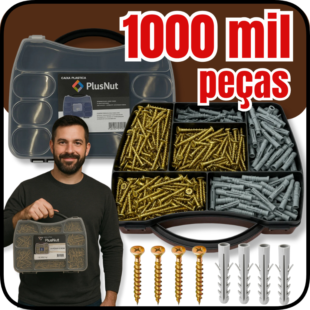 Kit Parafusos e Buchas 1000 Peças com Maleta Madeira MDF Móveis Marcenaria Montador