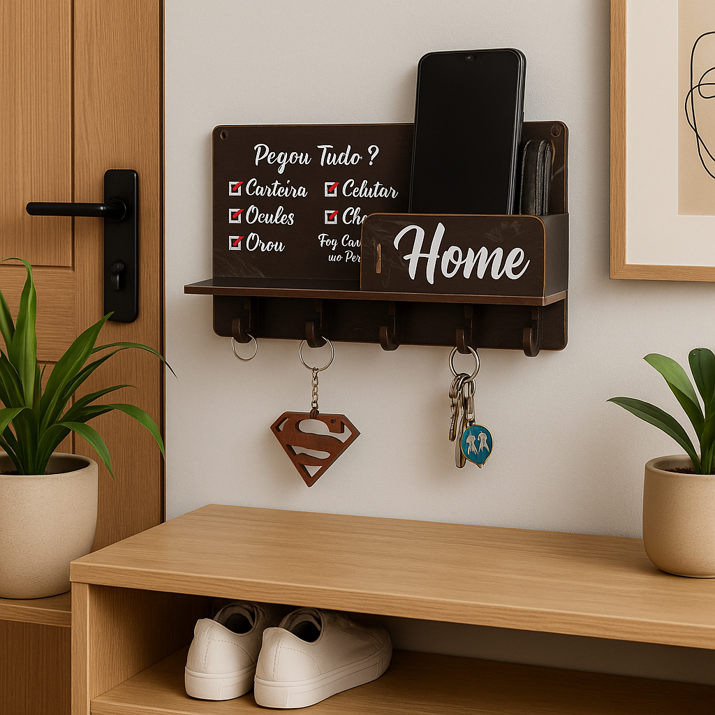 Porta Chaves MDF Parede Organizador Celular Carteira Óculos Praticidade Home