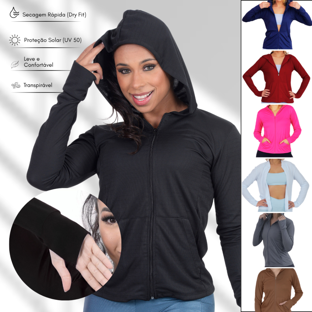 Jaqueta Casaquinho Feminino com Ziper e Capuz Dryfit Academia Proteção Solar em Oferta na Shopee