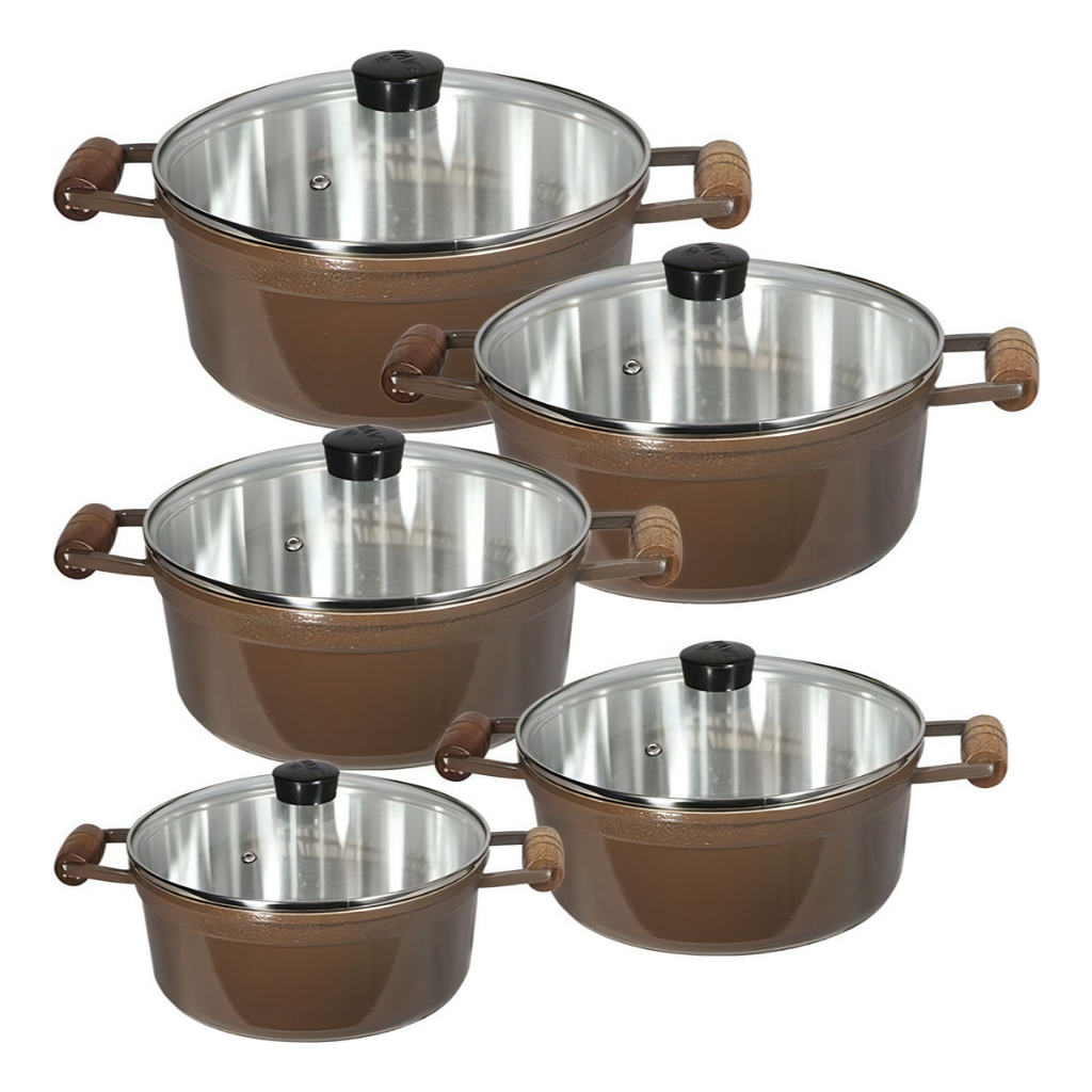 Jogo De Panelas Caçarola Cava 5 Pçs Tampa De Vidro Chocolate em Oferta na Shopee