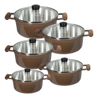 Jogo De Panelas Caçarola Cava 5 Pçs Tampa De Vidro Chocolate em Oferta na Shopee