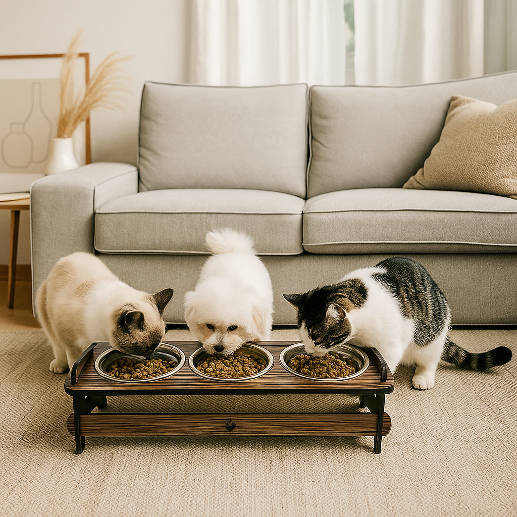 Comedouro Triplo Para Cães/Gatos com 3 Tigelas De Inox com Tampas