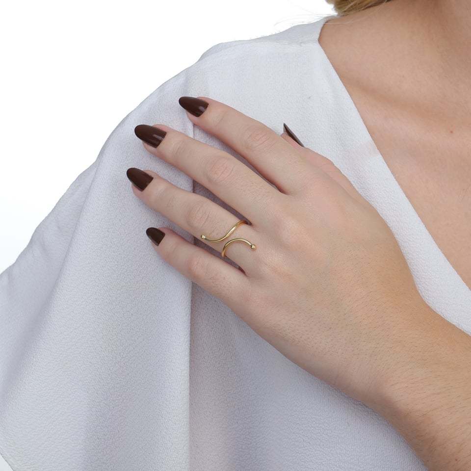 Anel Regulável Aberto com Duas Zircônias Brancas de Luxo Banhado a Ouro 18k Com Garantia