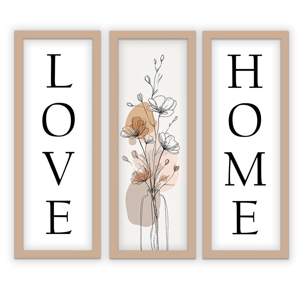 Kit 3 quadros 18x45 cm, sala, quarto, escritório, home love, moldura e vidro