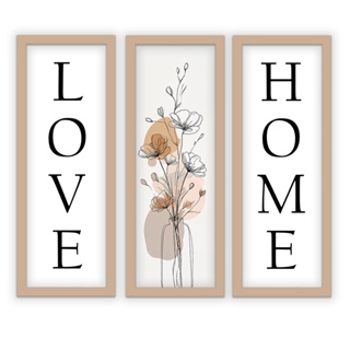 Kit 3 quadros 18x45 cm, sala, quarto, escritório, home love, moldura e vidro em Oferta na Shopee