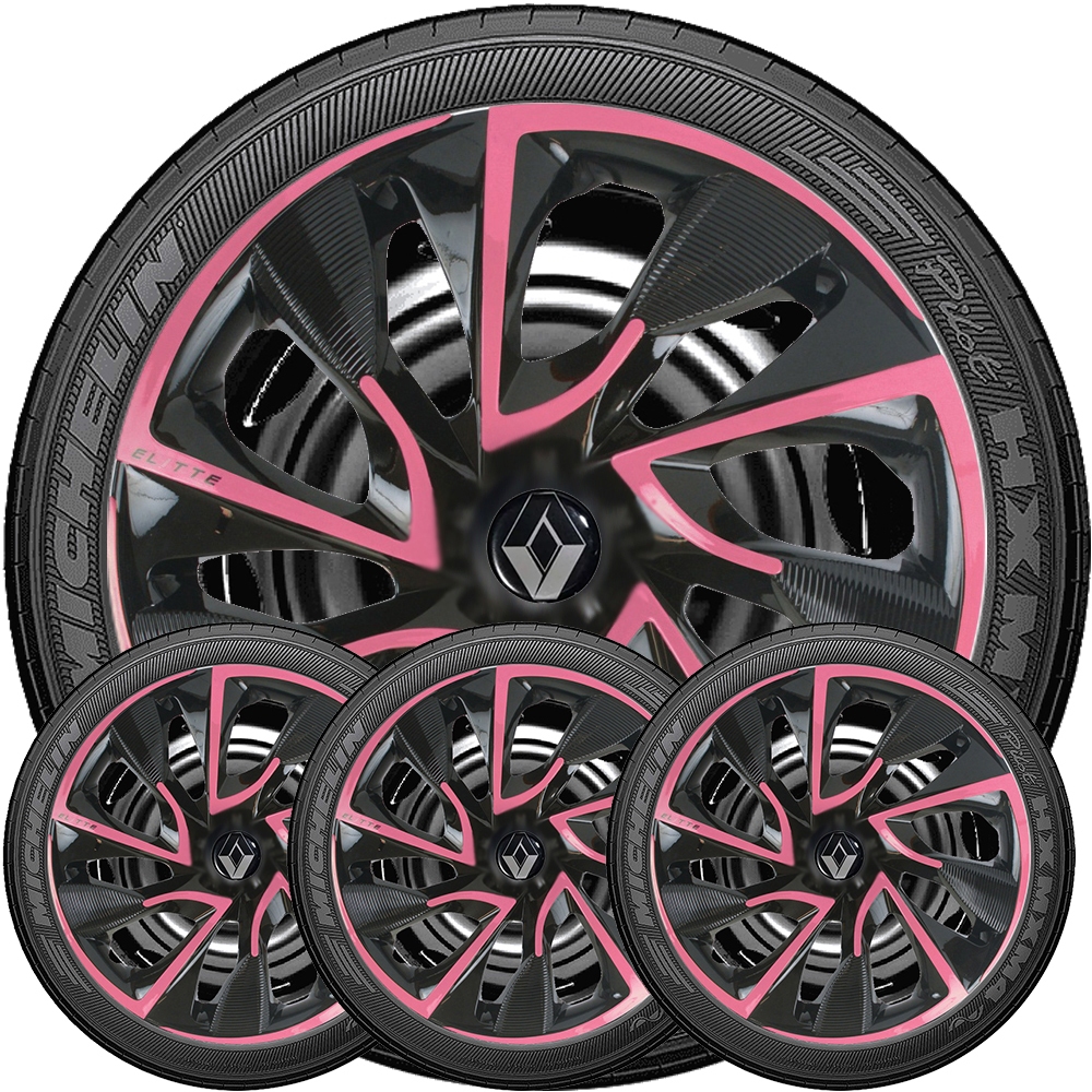 Kit 4 Calotas Aro 13 14 15 Linha Ds4 Rosa/Preto Compativeis Em Logan Scala Sandero Clio