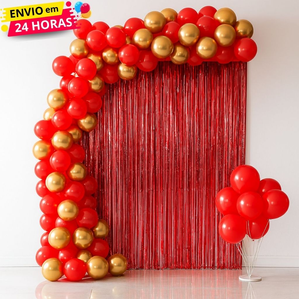 Kit 100 Balões Latex e Cromado - Vermelho e Dourado + Cortina Franja Decoração Aniversário Festas