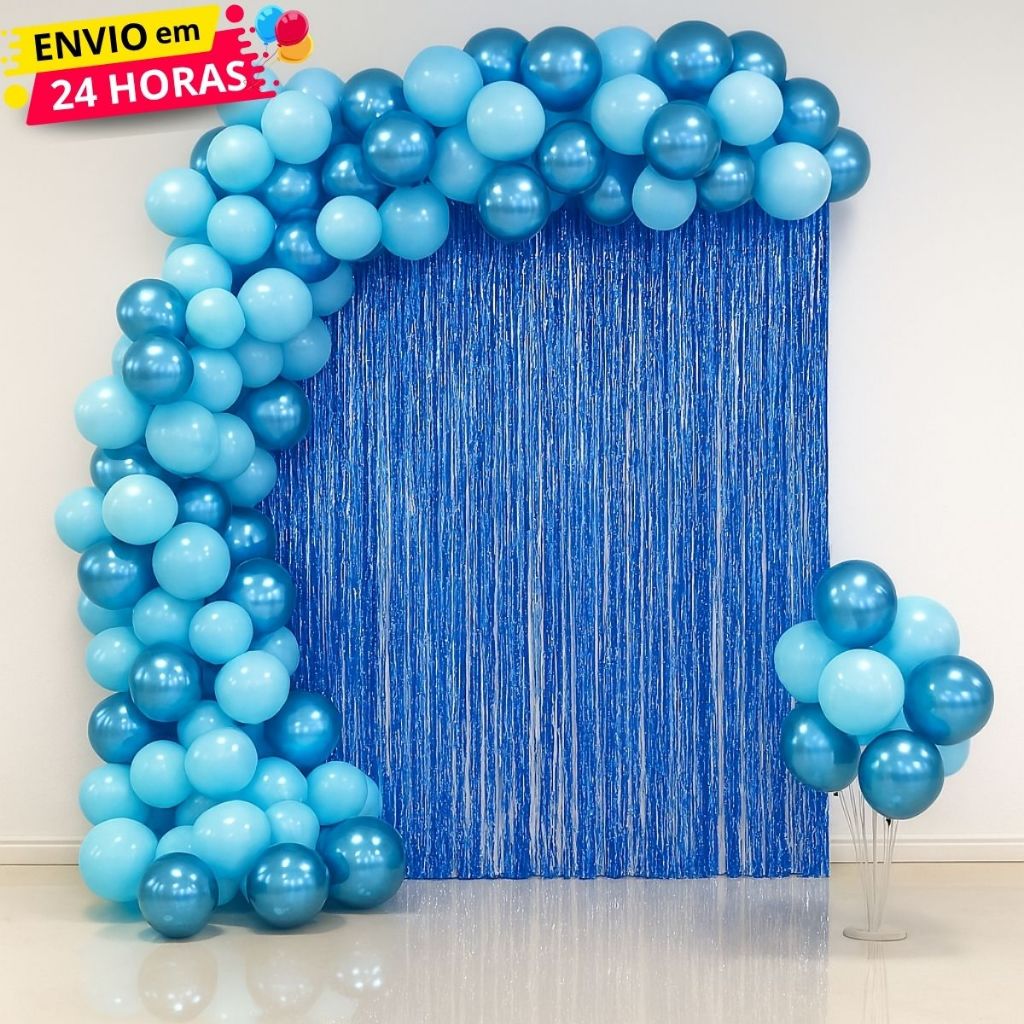 Kit 100 Balões Latex e Cromado -Azul Claro e Azul Croma + Cortina Franja Decoração Aniversário Festa em Oferta na Shopee