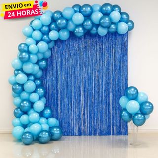 Kit 100 Balões Latex e Cromado -Azul Claro e Azul Croma + Cortina Franja Decoração Aniversário Festa em Oferta na Shopee
