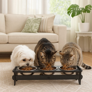 Comedouro Triplo Elevado Com TAMPAS Para Cães e Gatos + Tigelas Inox