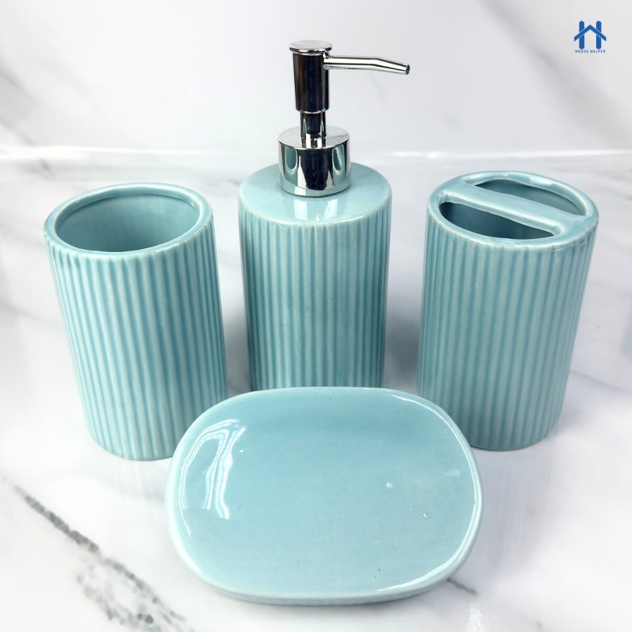 Detalhes do Kit de Banheiro Cerâmica com 4 Peças Porta Sabonete Líquido/Saboneteira/Porta Escova/Porta algodão