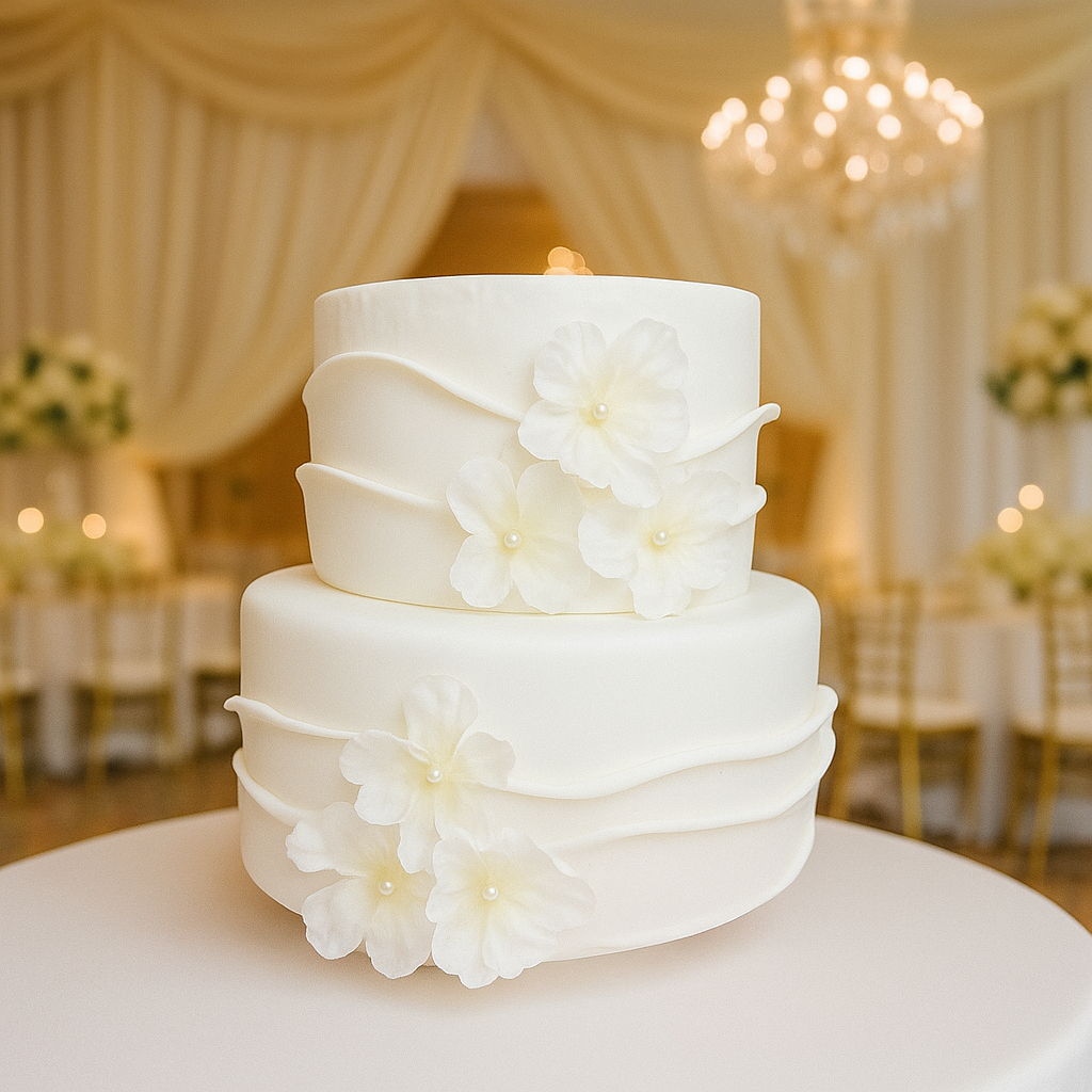 Bolo Fake Espatulado Casamento Noivado Branco com Flores Brancas 20x15 cm Em EVA SEM Emendas