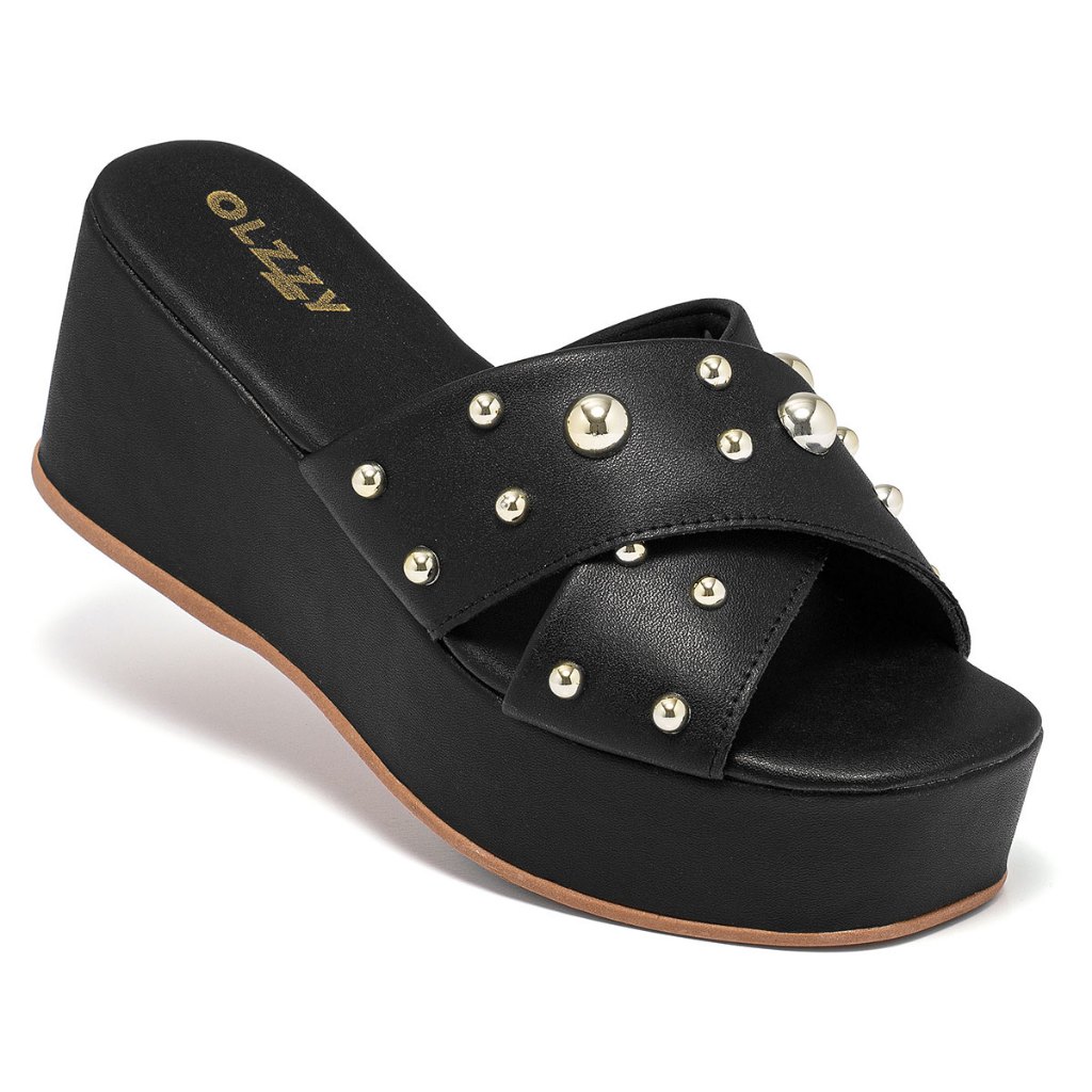 Tamanco Plataforma Feminino Olzzy com Tiras Largas Cruzadas e Cravos Dourados Moderno e Confortável em Oferta na Shopee
