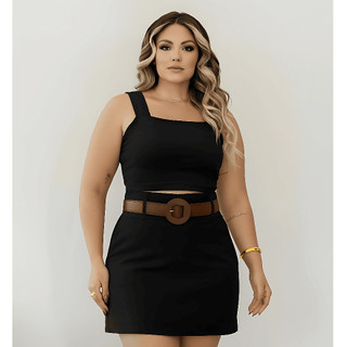 Conjunto Feminino Plus Size Cropped Short Saia com Cinto Curve Casual Cintura Alta