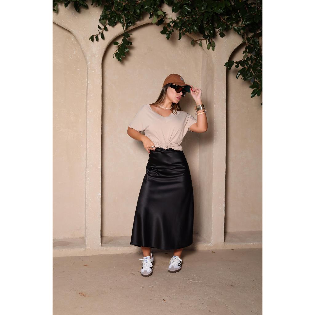 Saia Cetim Feminina Evasê Midi Longa Cintura Alta Elegante Luxo em Oferta na Shopee