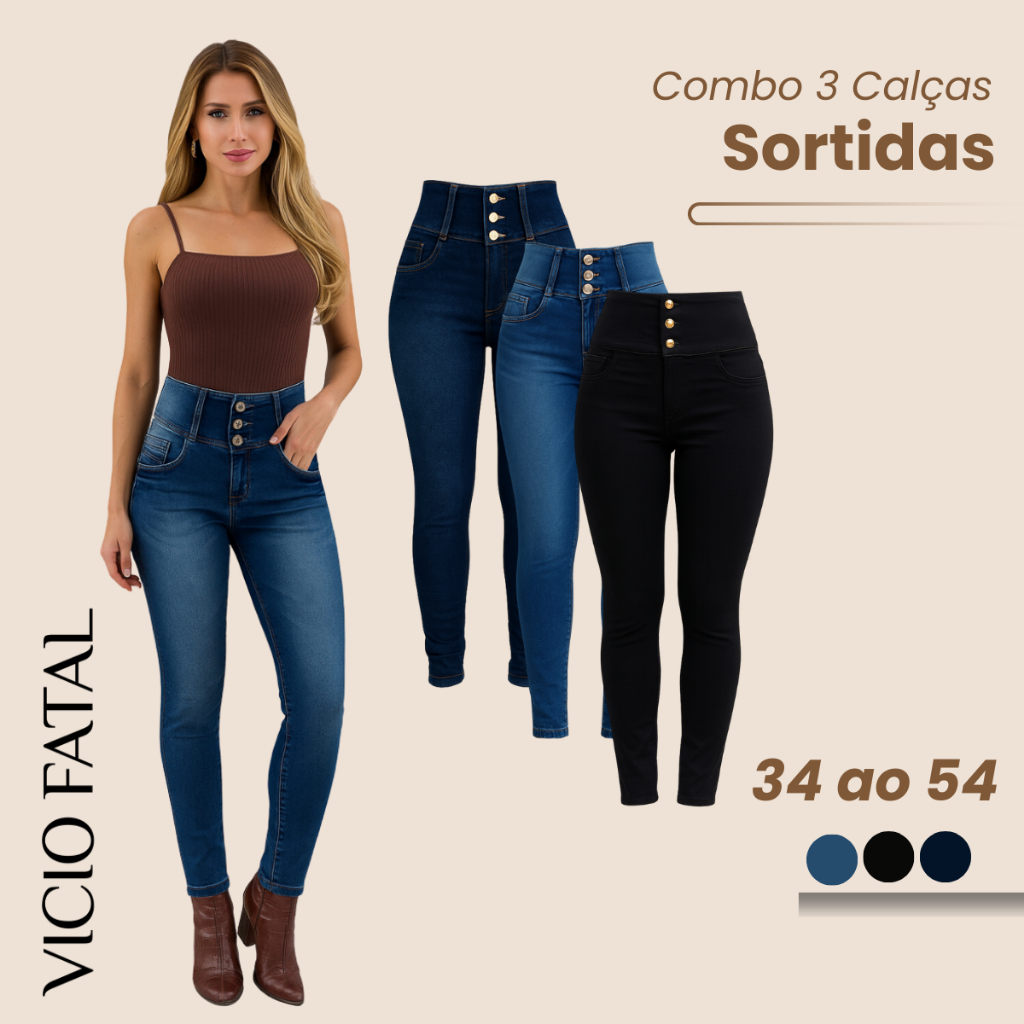 Combo 3 Calças Femininas Jeans Kit Sortidos Peças Variadas Elastano Várias Cores Moda Conforto