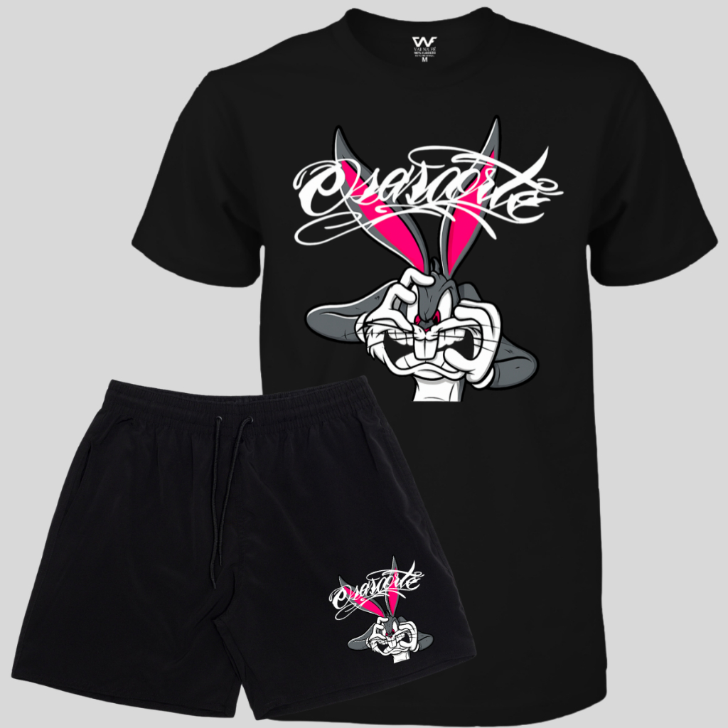 kit Camiseta Osascorte Pernalonga + Short Praia Masculino Elastano Lançamento