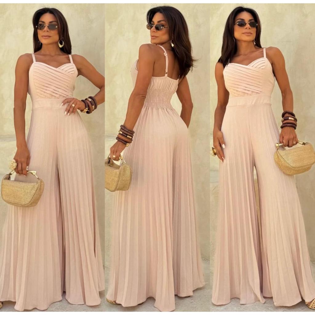 Macação Longo Plissado Tendência Primavera Verão Chique Fashon Elegante em Oferta na Shopee