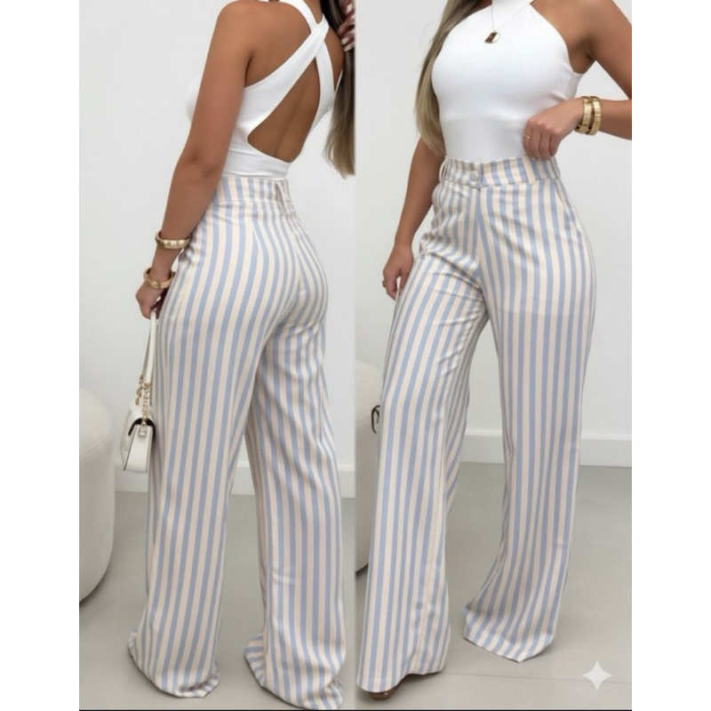 Calça Listrada Pantalona Feminina Estilosa e Elegante Com Bolso Frontal