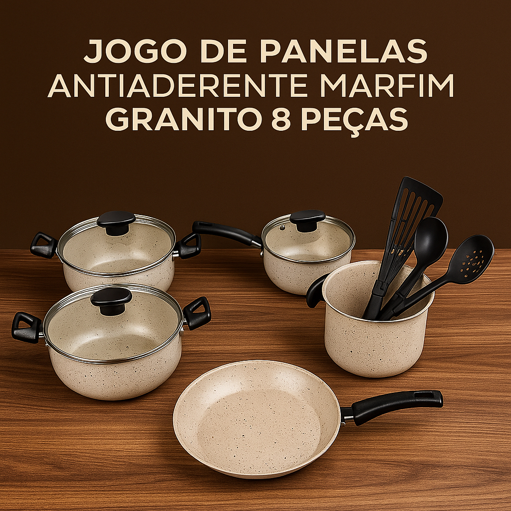 Imagem Kit Panelas Antiaderentes - (Jogo com 8 peças) - MARFIM & GRANITO  (5 camadas de Teflon Premium)