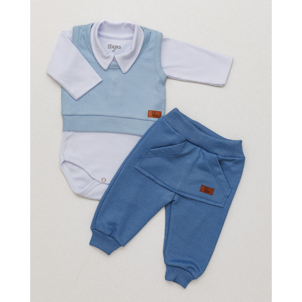 Conjunto 3 Peças Bebê Menino Body Polo Manga Longa Colete e Calça Moletom Careca em Oferta na Shopee