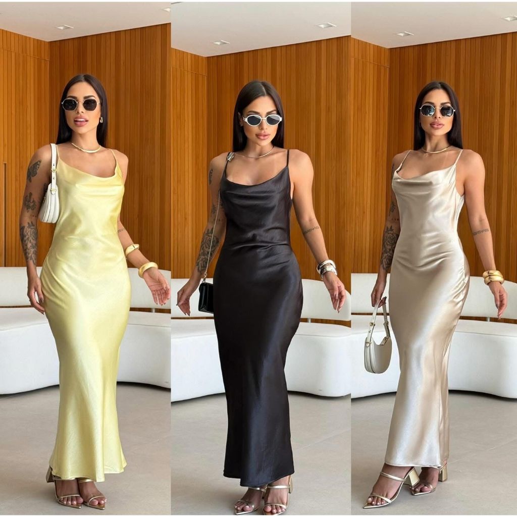 Vestido Midi Feminino Cetim - Moda Elegante Alça Fina Regulável Tendência 2025