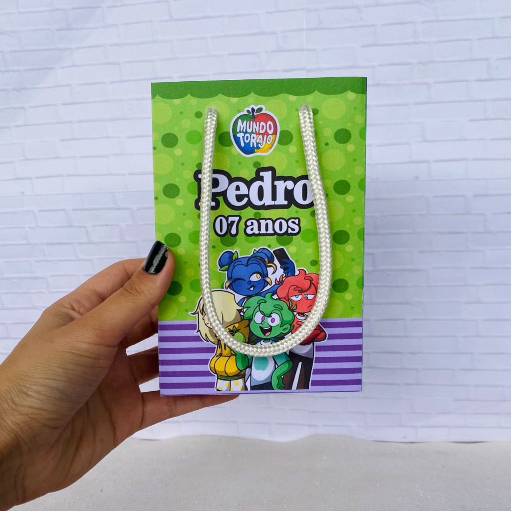 Kit de Sacolinhas Personalizadas  Mundo Torajo - Lembrancinha de festa de aniversário - roxa e verde
