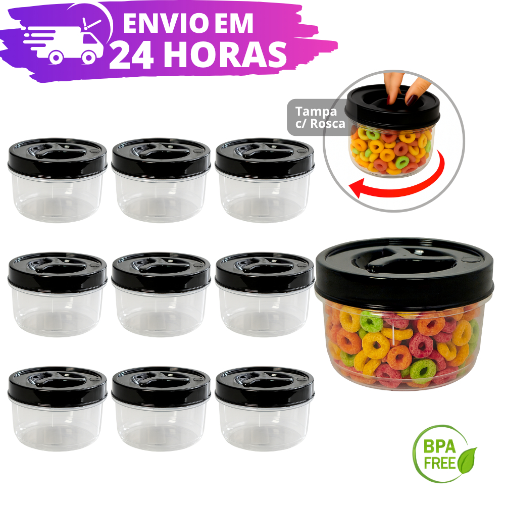 Jogo 10 Potes Redondo 300ml Tampa Preta com Rosca BPA FREE REFORÇADO Potinho Transparente Tempero Papinha Bebê