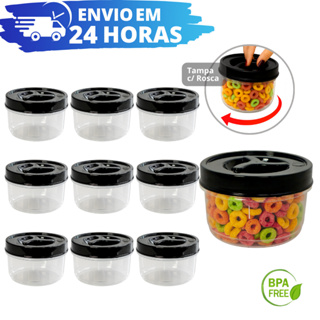 Jogo 10 Potes Redondo 300ml Tampa Preta com Rosca BPA FREE REFORÇADO Potinho Transparente Tempero Papinha Bebê em Oferta na Shopee
