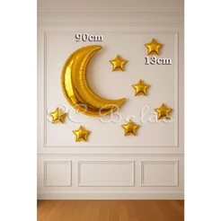 Kit 8 Balão Metalizado 1 LUA 90cm DOURADO GIGANTE + 7 ESTRELA 13 DOURADO Festa Decoração