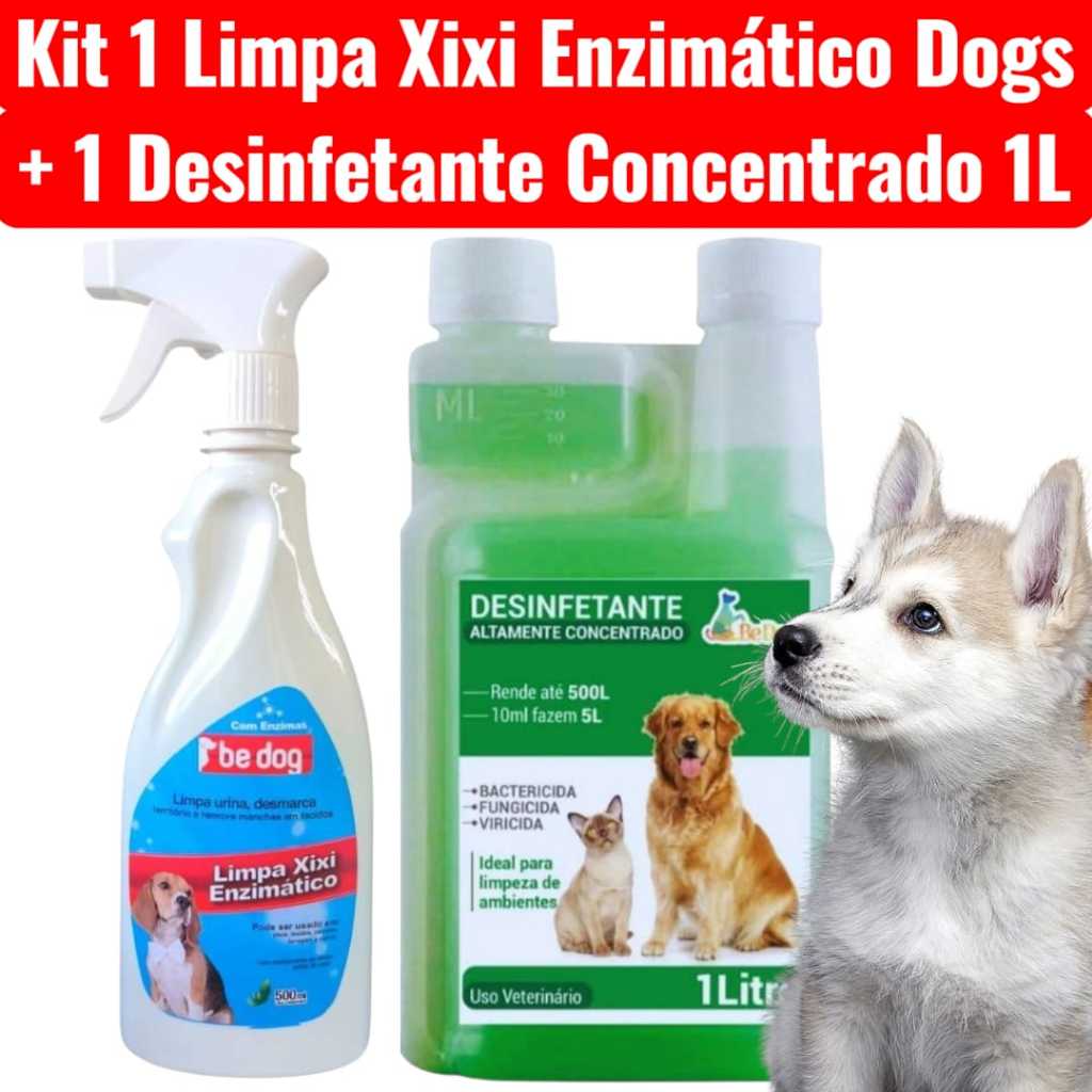 Kit 1 Limpa Xixi Enzimático Cachorro 500ml + 1 Desinfetante Super Concentrado 1L - Herbal - Be Dog