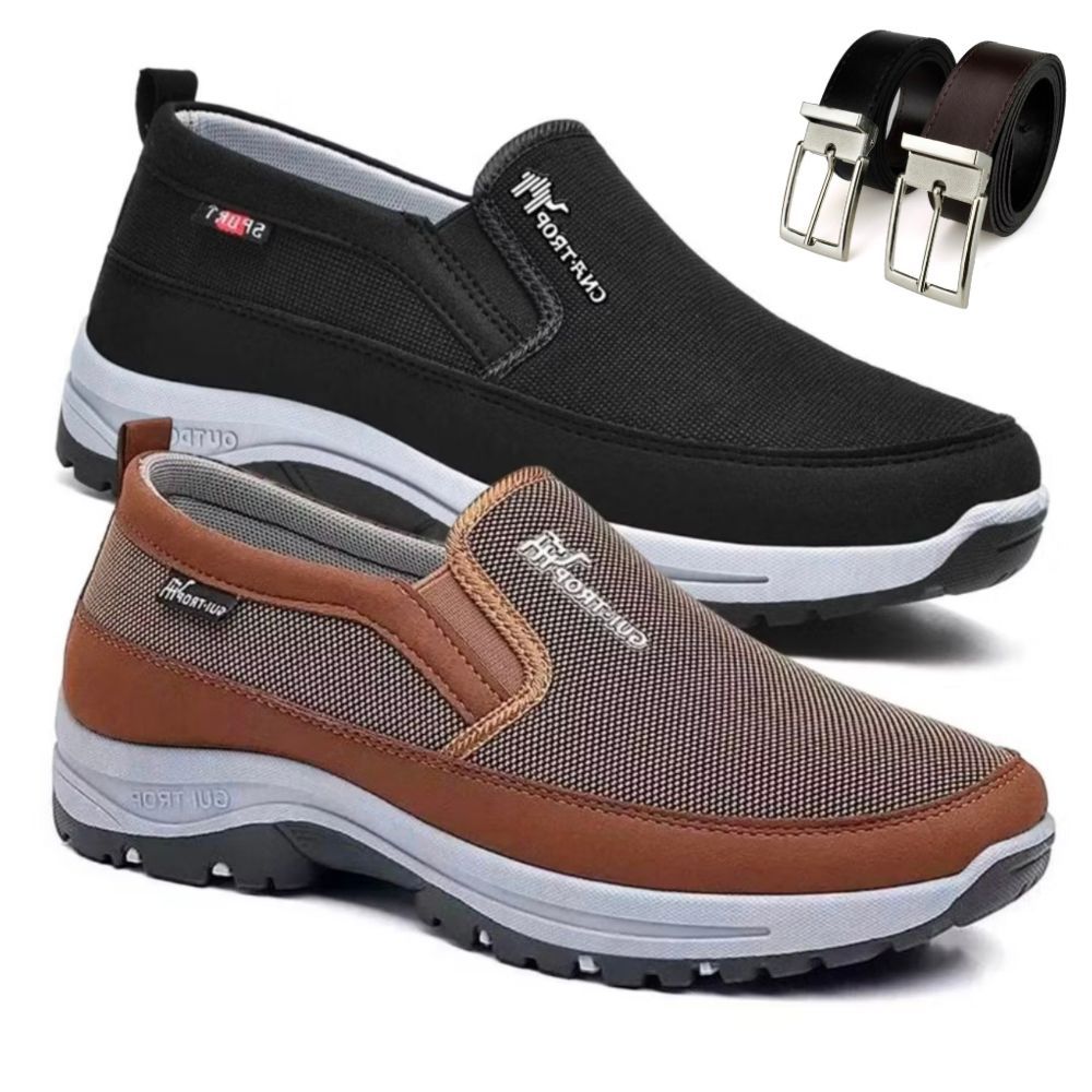 Kit 2 Pares Tenis Sapatilha Mocasssin Casual Masculino Ortopedico Leve de Trilha Com Solado Confortável + Cinto Duplo