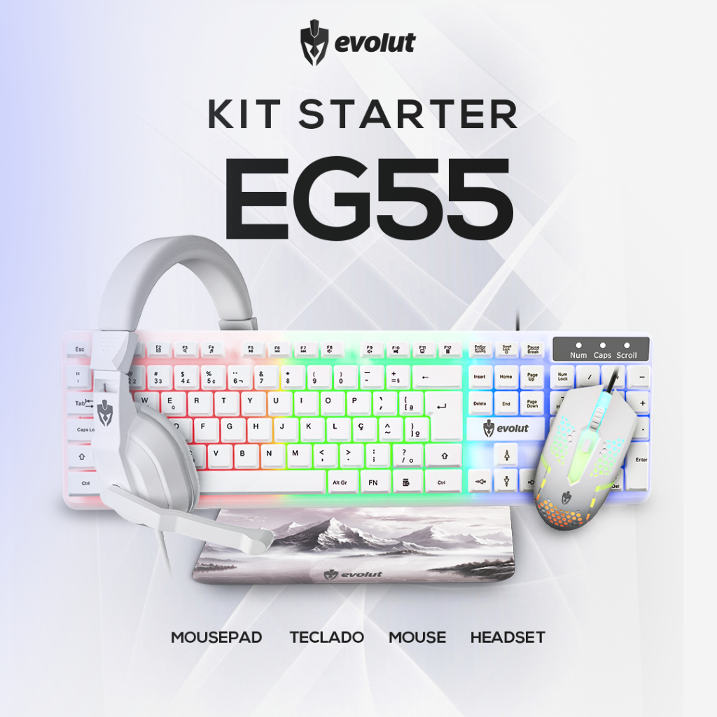 KIT GAMER BRANCO COM TECLADO MEMBRANA, MOUSE COM 1600 DE DPI, HEADSET E MOUSE PAD EVOLUT
