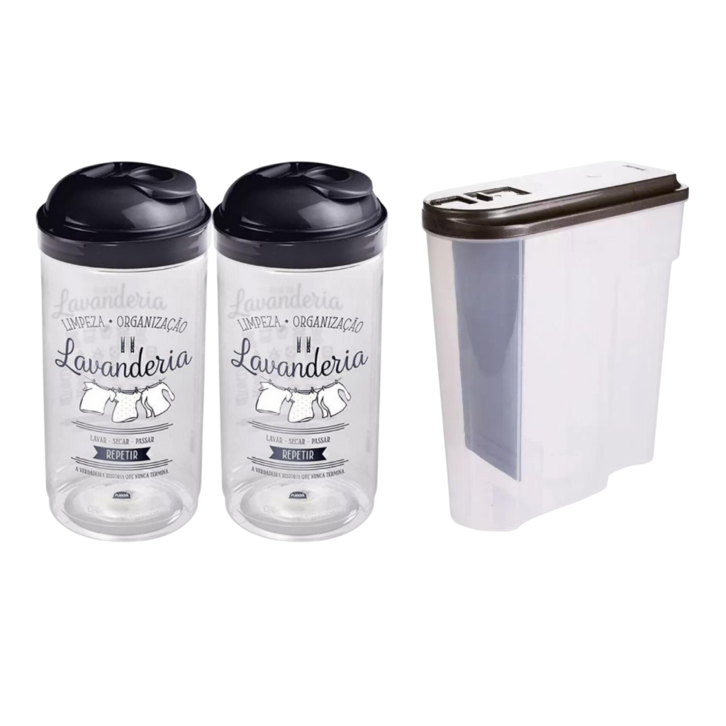 Kit Acessórios Para Lavanderia Porta Sabão Em Pó Líquido Amaciante Copo Dosador 1Kg Preto Plasútil