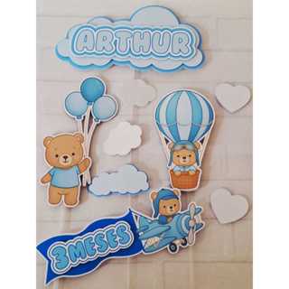 Topo de bolo Ursinho Baloeiro | Mesversário | Personalizado | Envio Montado em Oferta na Shopee