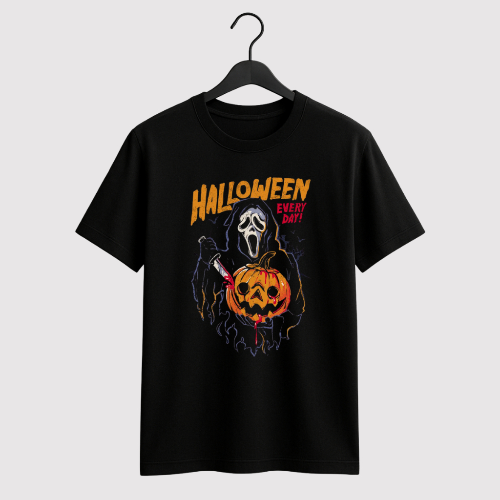Camiseta Unissex Halloween Fantasia Terror | Estampa Abóbora e Máscara Pânico